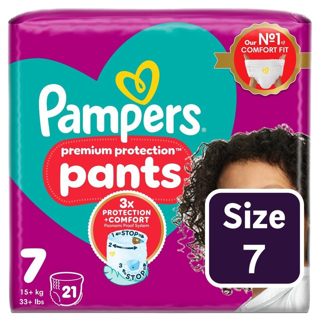Pampers Premium Protection nappy pants size 7 essential pack, imported from the UK