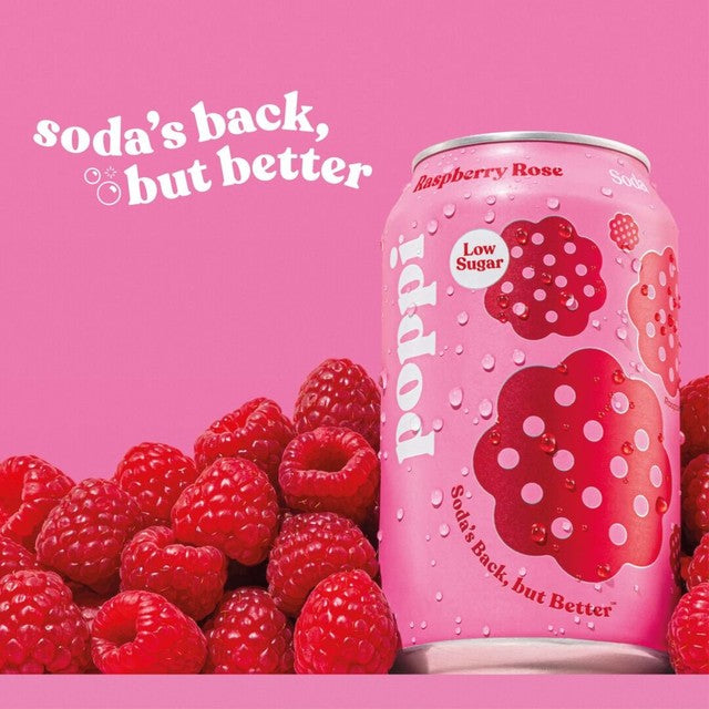 Poppi raspberry rose soda cans 330ml (British brand)