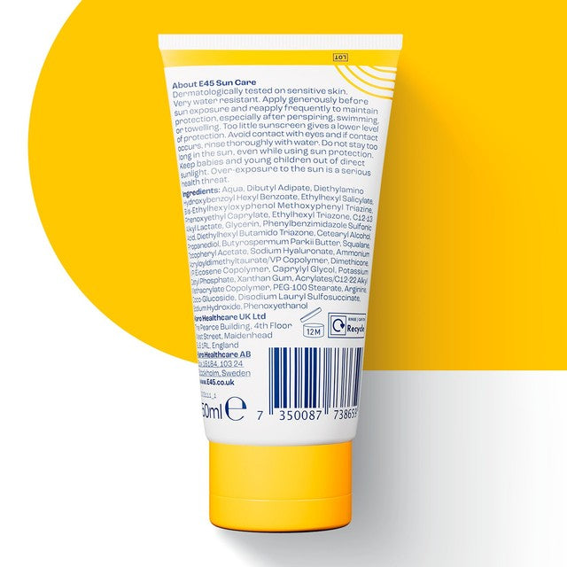 E45 face suncream SPF50+ tube sunscreen for sensitive skin (British brand)