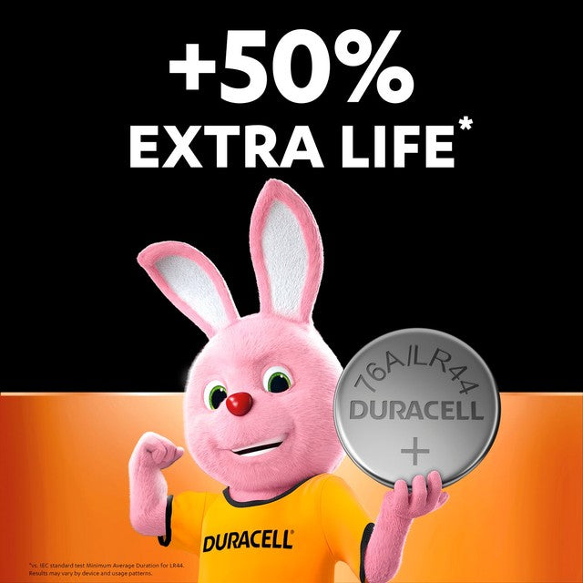 Duracell LR44 alkaline coin battery - British product