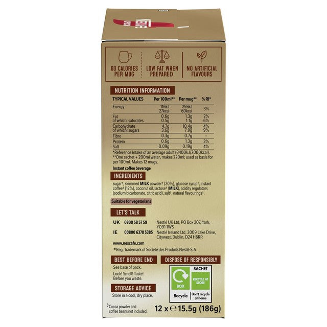 Nescafé Cappuccino instant coffee 12 sachets, imported from the UK