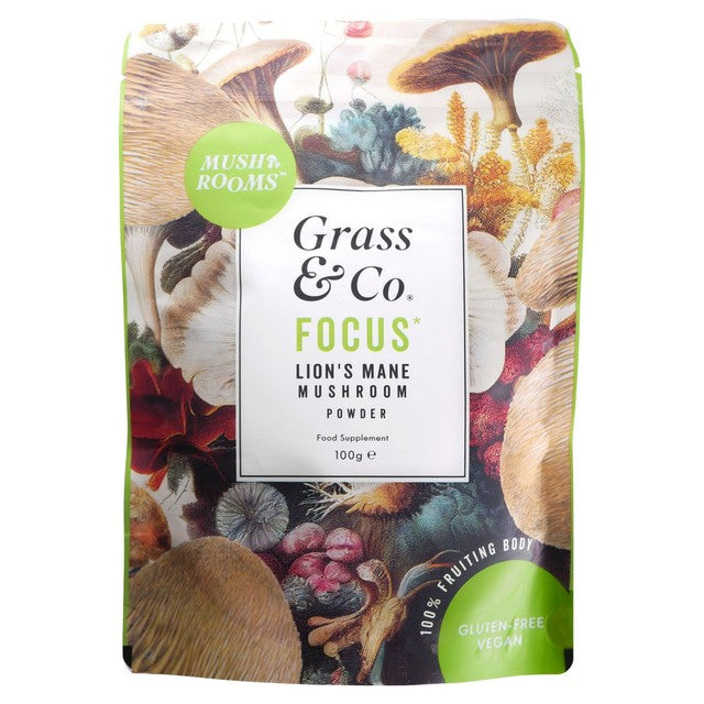 Grass & Co. Focus Lion's Mane Mushroom Powder with Ginseng and Omega-3 100g, UK version