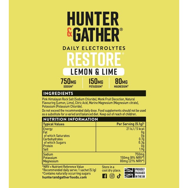Hunter & Gather Restore electrolyte powder Lemon Lime sachets, UK version