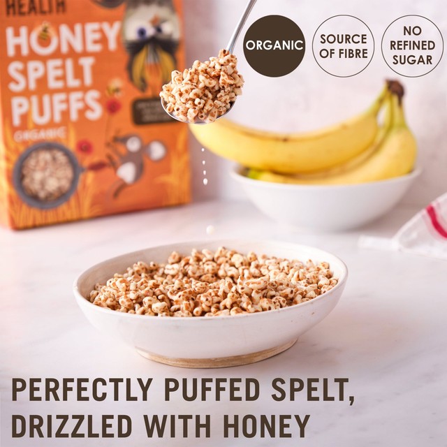 Rude Health honey spelt puffs cereal 175g, imported from the UK