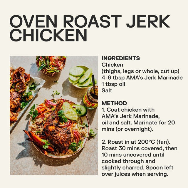 Ama's jerk marinade medium heat vegan-friendly, imported from the UK