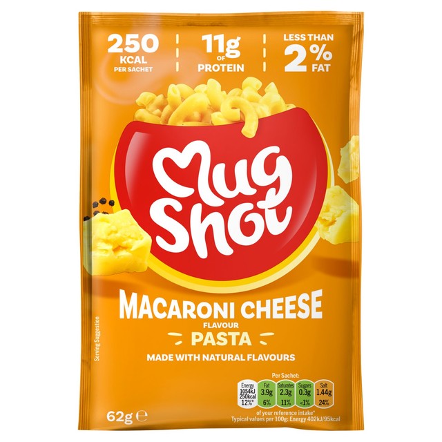 Mug Shot macaroni cheese instant pasta sachet 68g, imported from the UK