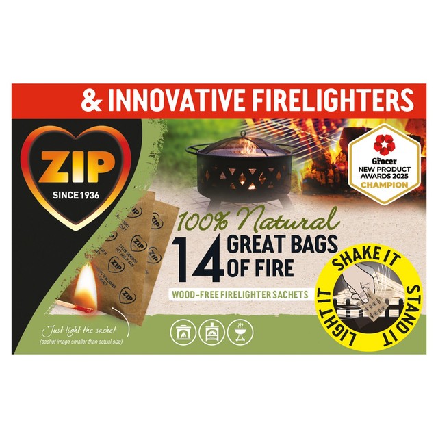 Zip Great Bags of Fire firelighter sachets, imported from the UK