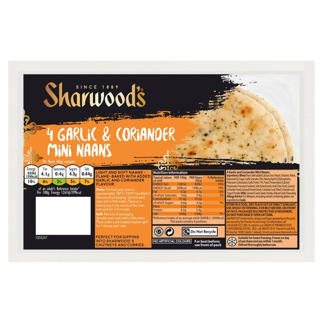 Sharwood's Garlic and Coriander Mini Naan Breads 4 Pack (British brand)