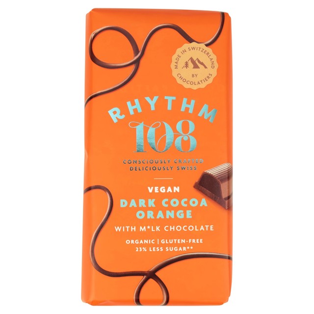 Rhythm 108 dark chocolate bar orange cream 100g, imported from the UK