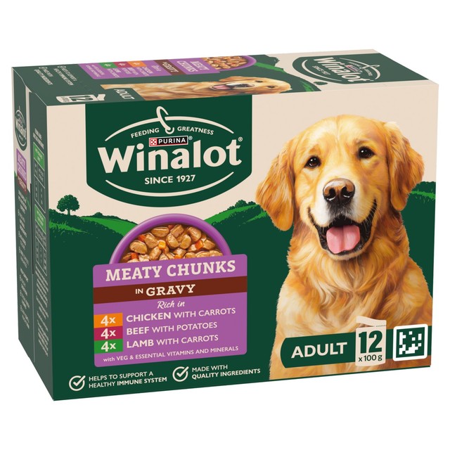Winalot Meaty Chunks wet dog food pouches 12 x 100g (British brand)