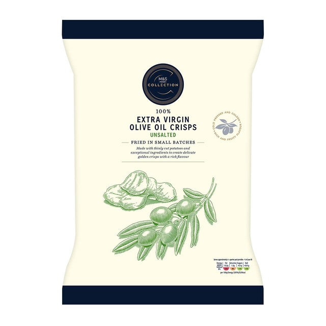 M&S extra virgin olive oil crisps unsalted 125g, imported from the UK