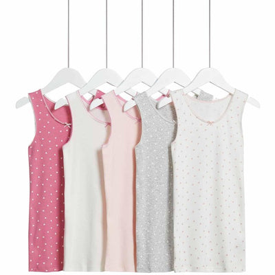M&S Girls Pure Cotton Heart & Plain Vests 5 Pack 11-12 Years Pink