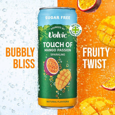 M&S Volvic Touch of Mango Pasjonsfrukt Sukkerfri Kullsyreholdig Smaksatt Vann 4 x 330ml - Kjøp online på McGrocer