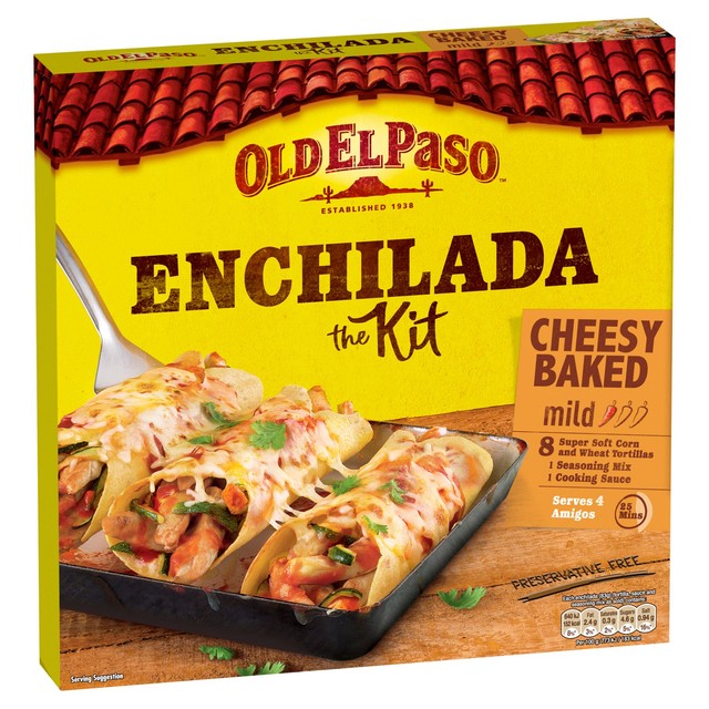 Old El Paso Cheesy Baked Enchilada Kit 663g, imported from the UK