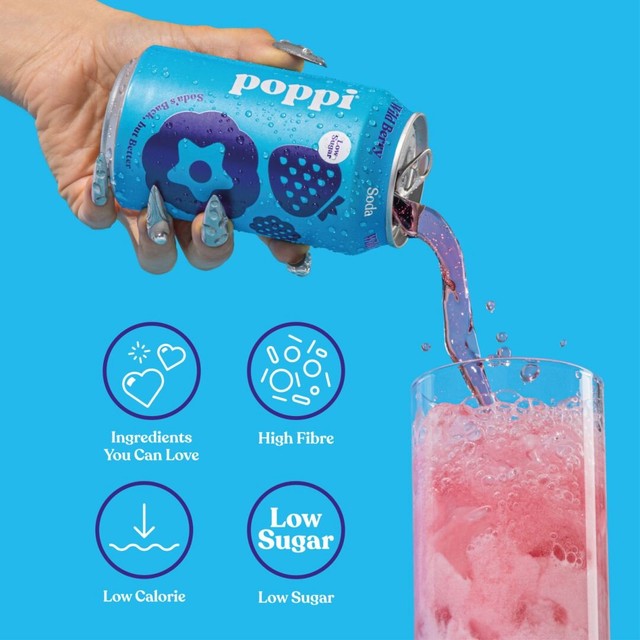 Poppi wild berry soda cans 330ml, imported from the UK