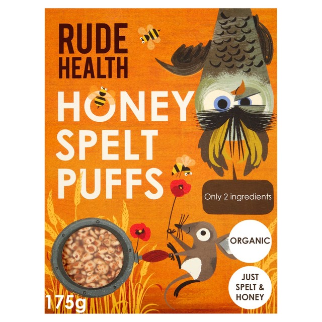 Rude Health honey spelt puffs cereal 175g, imported from the UK