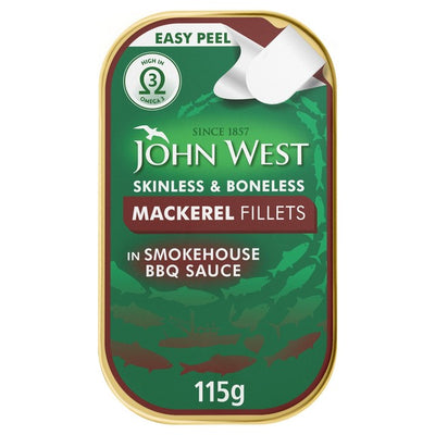 John West Skinless & Boneless Mackerel Fillets in Smokehouse BBQ Sauce Canned Mackerel 115g
