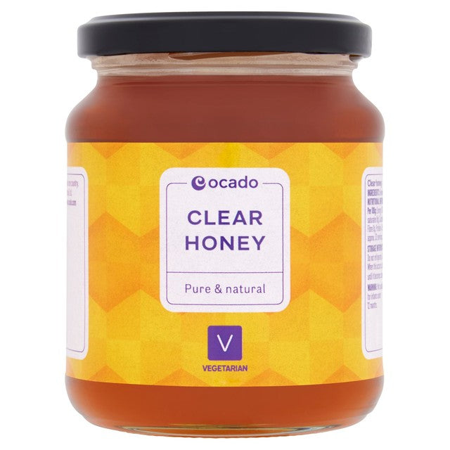 Ocado clear liquid honey jar 454g, imported from the UK.