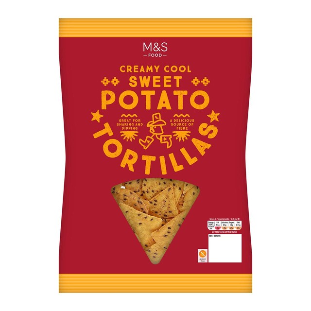 M&S cool sweet potato tortilla chips 150g, imported from the UK