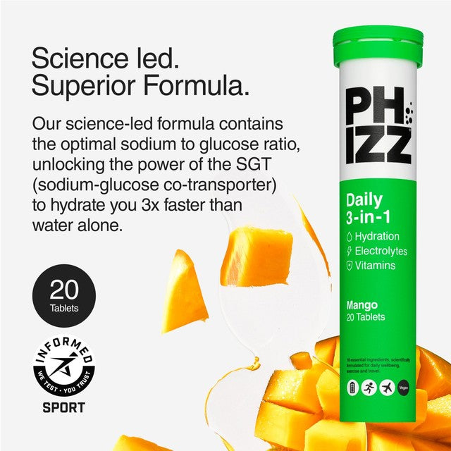 Phizz Mango flavoured hydration electrolyte vitamin tablets 20 tablets, imported from the UK