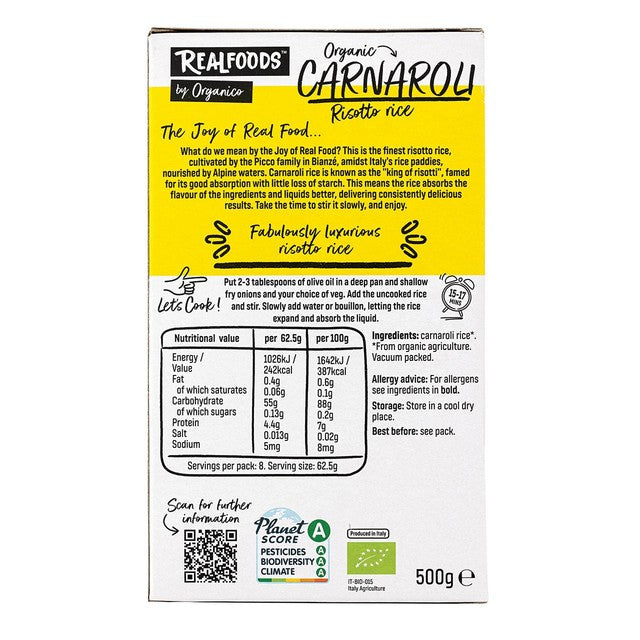 Realfoods by Organico Organic Carnaroli Risotto Rice 500g, imported from the UK