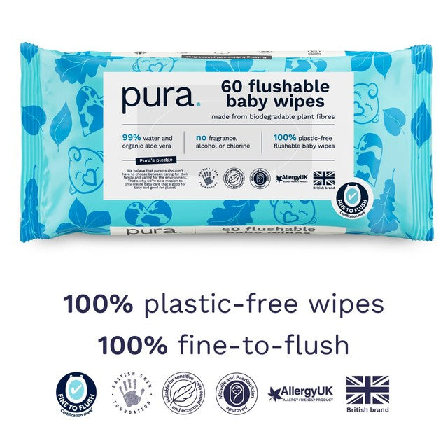Pura plastic free flushable baby wipes 12 x 60 packs, imported from the UK