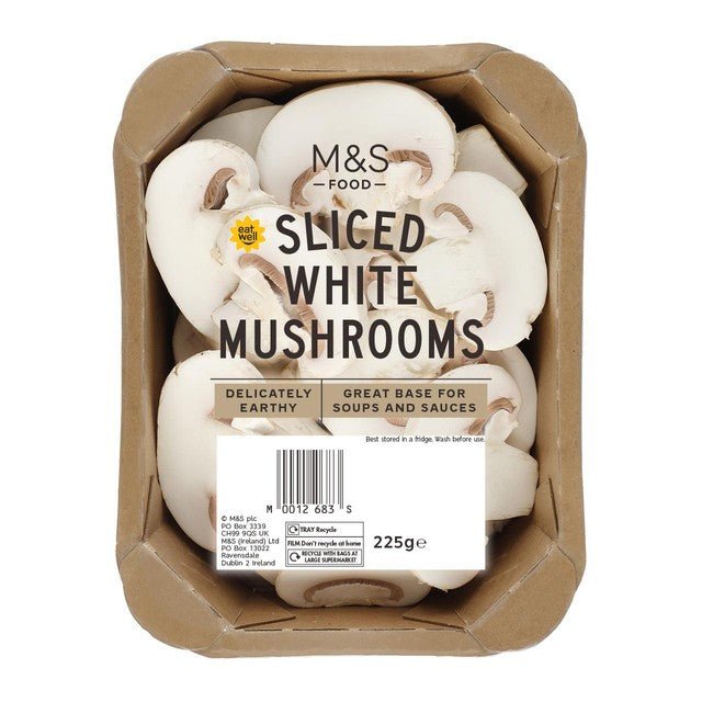 M&S sliced white mushrooms 225g, imported from the UK