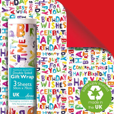 M&S Deva Designs Happy Bright Double Sided Gift Wrap Sheets 3 Pack 50cm x 70cm- Buy online at McGrocer