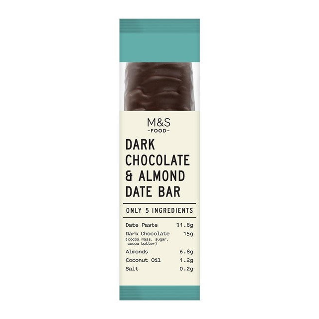 M&S Dark Chocolate and Almond Date Bar 50g, imported from the UK