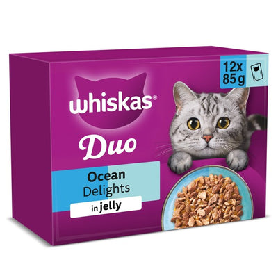 M&S Whiskas 1+ Duo Havets gleder Voksen våtfôr for katt i porsjonsposer i gelé 12 x 85g - Kjøp online hos McGrocer