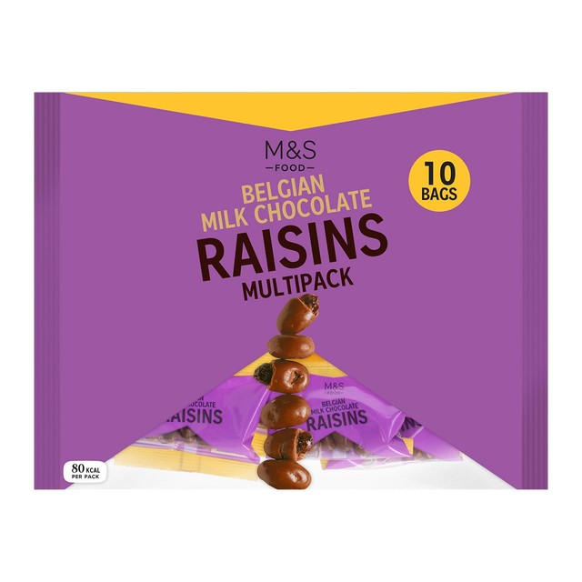 M&S Belgian Milk Chocolate Raisins 10x18g, imported from the UK