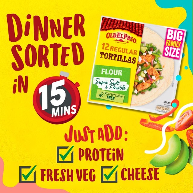 Old El Paso flour tortilla fajita wraps 12-pack, imported from the UK