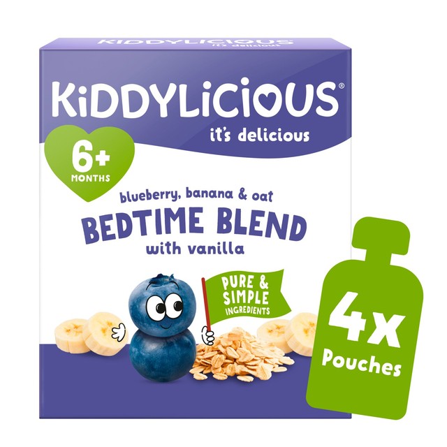 Kiddylicious blueberry banana oat bedtime blend baby food pouch 4 x 100g, UK version