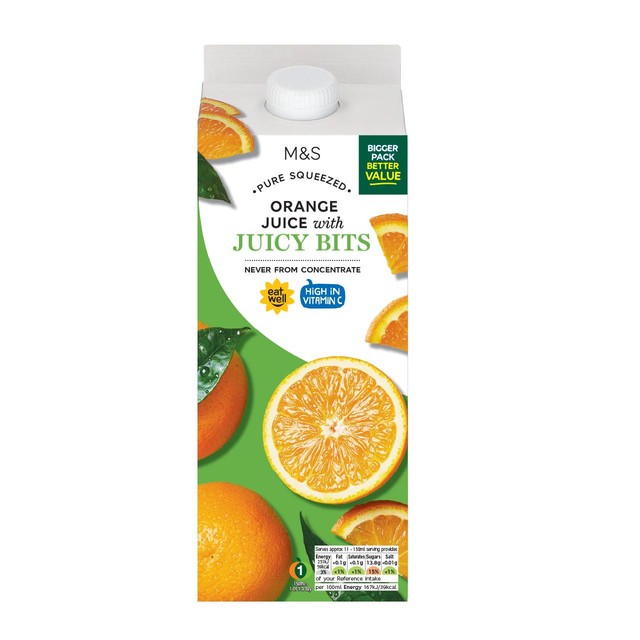 M&S orange juice with bits 1.75L, imported from the UK