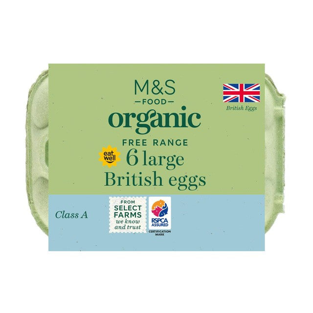 M&S organic free range large eggs 6 per pack, imported from the UK