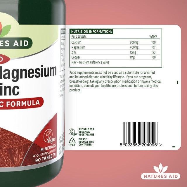 Natures Aid Calcium, Magnesium & Zinc supplement tablets, imported from the UK