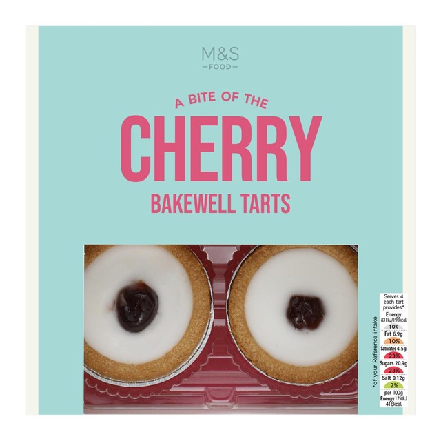 M&S Cherry Bakewell Tarts 4 x 48g, imported from the UK