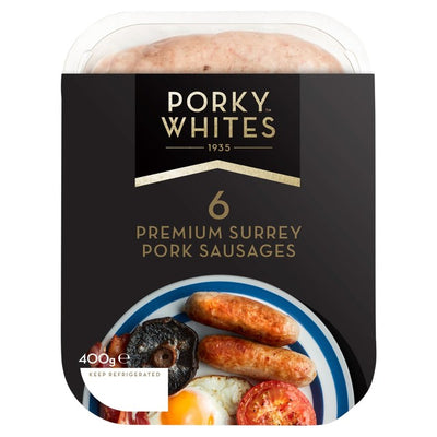 M&S Porky Whites 6 Surrey Premium Pork Sausages 400g- Buy online at McGrocer