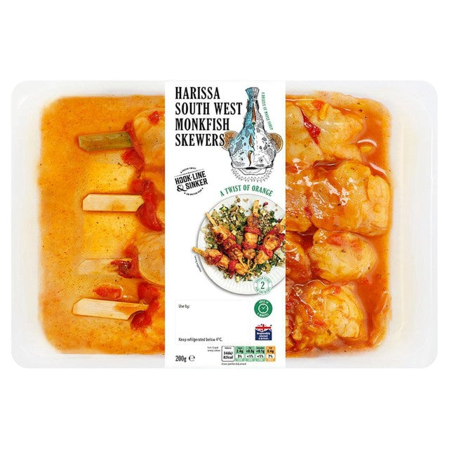 Hook, Line and Sinker harissa monkfish skewers, imported from the UK