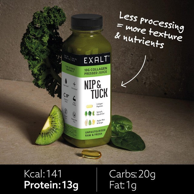 EXALT Nip & Tuck Green Juice with Collagen 330ml, imported from the UK