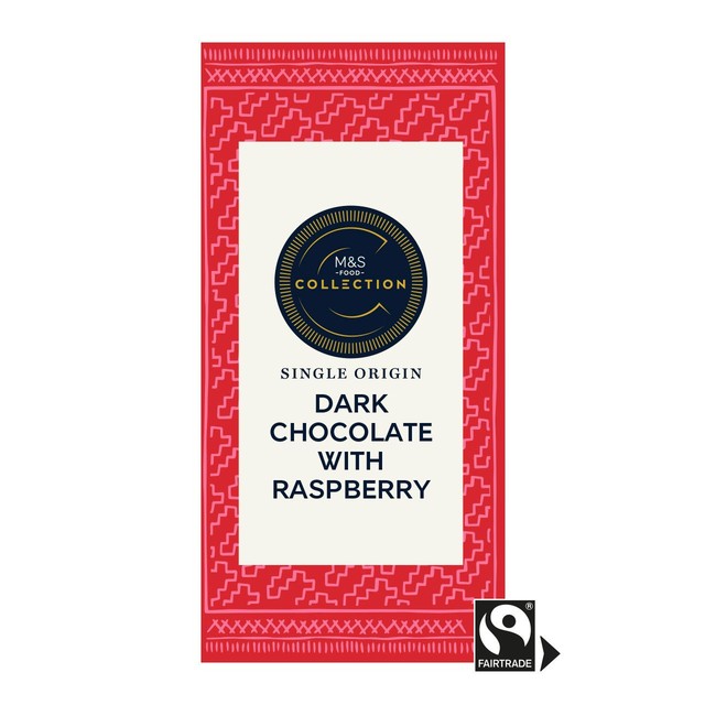 M&S dark chocolate bar with raspberry pieces 100g, imported from the UK