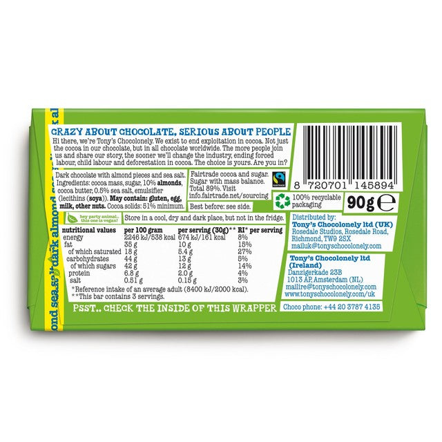 Tony's Chocolonely dark chocolate bar with almond and sea salt, small snack - British product