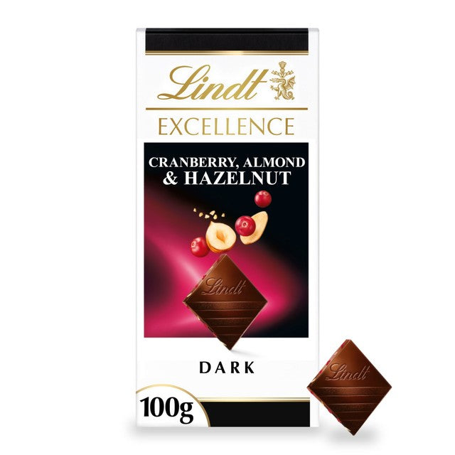 Lindt dark chocolate bar cranberry almond hazelnut 100g, UK version