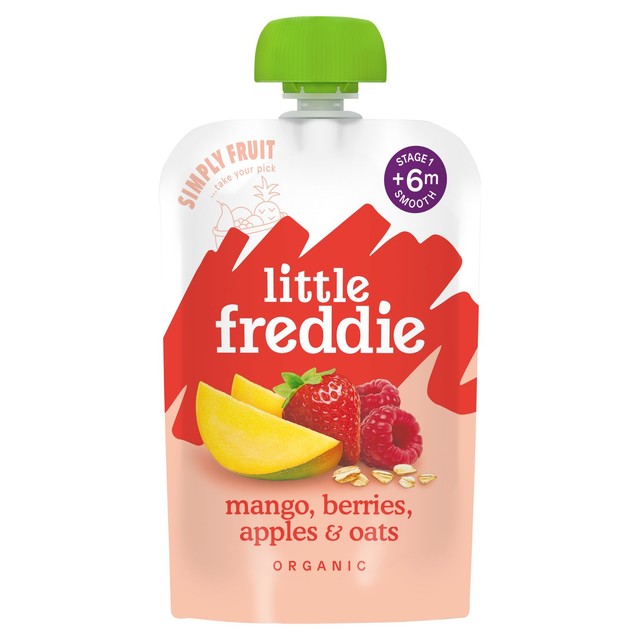 Little Freddie baby food pouch mango berries apples oats, UK version