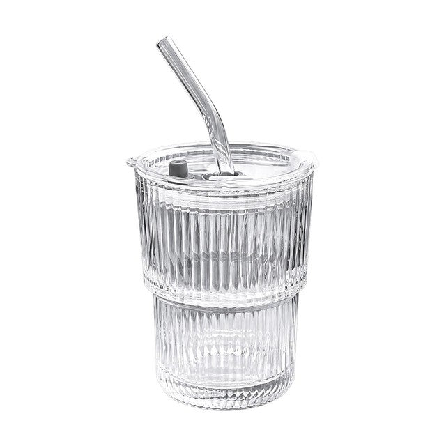 Cooke & Miller ribbed glass cup with straw and lid 360ml, imported from the UK