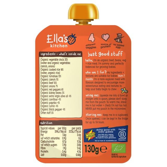 Ella's Kitchen beef chilli con carne baby food pouch 130g - British product