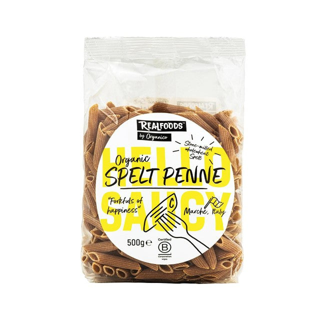 Realfoods by Organico spelt penne pasta 500g, imported from the UK