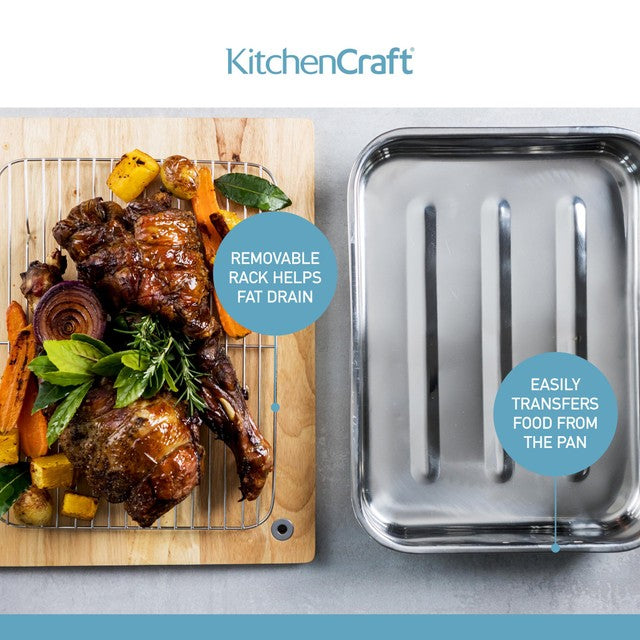 KitchenCraft stainless steel roasting tin with rack 37x28x6.5cm, UK version