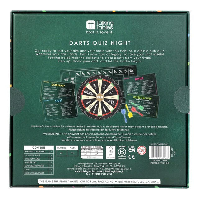 Talking Tables Darts Quiz Night pub game set - British product
