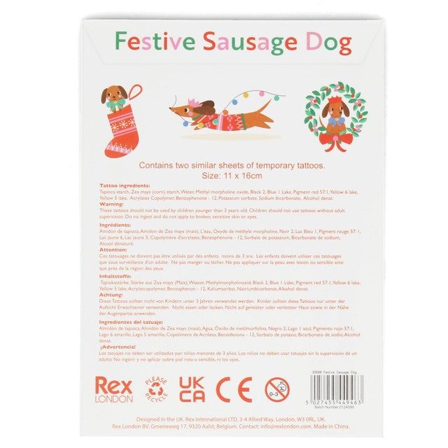Rex London temporary tattoos Christmas sausage dog two sheets - British product